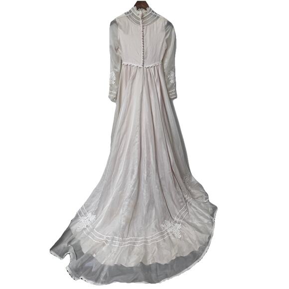 VTG 1970s Wedding Dress Empire Waist Sz Small High Neck Boho Ivory Hippie - Picture 7 of 16
